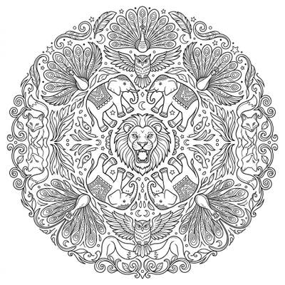 Dive into the wild with this captivating animal mandala, specially designed for kids! Featuring a majestic lion, graceful elephants, and other forest friends, it's a perfect blend of fun and intricate patterns.