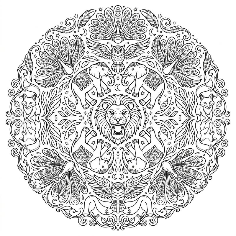 Dive into the wild with this captivating animal mandala, specially designed for kids! Featuring a majestic lion, graceful elephants, and other forest friends, it's a perfect blend of fun and intricate patterns.