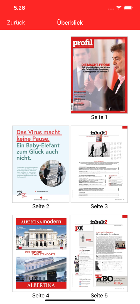 Una vista de cuadrícula de las páginas de la aplicación de la revista profil ePaper que muestra la portada y las páginas de contenido interno