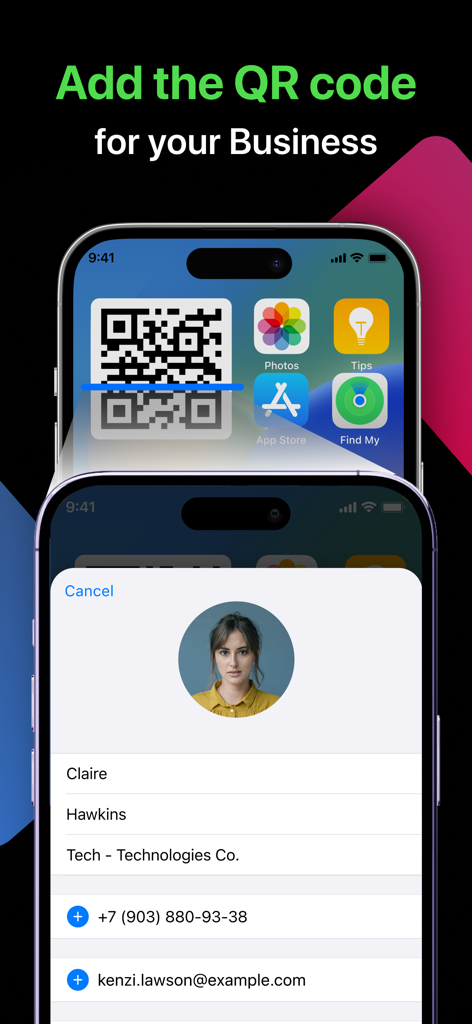 Direct Message : Click to Chat - An iPhone home screen displaying a business QR code widget for easy contact sharing next to a user profile card.