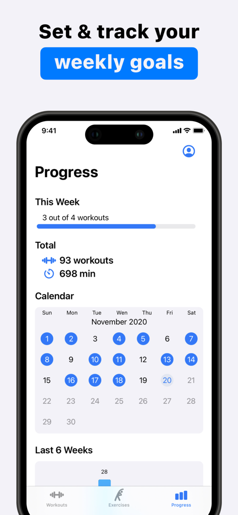 Calisthenics Coachy - Écran de progression de l'application Calisthenics Coachy affichant les objectifs hebdomadaires, le nombre total d'entraînements et un calendrier d'entraînement mensuel.