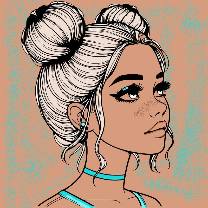 realistic girl with buns on the top of her head