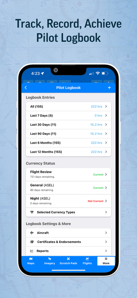 Aviator Assistant: Weather EFB - Digital pilot logbook in the Aviator Assistant app showing flight hours summary and currency status.
