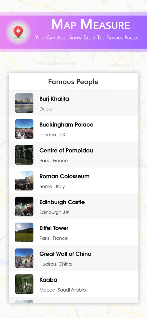 Interfaz de la aplicación Map Measure mostrando una lista de lugares famosos del mundo, incluido el Burj Khalifa y la Torre Eiffel.