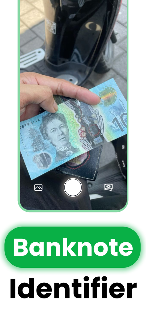 AIを使用してオーストラリアの紙幣をカメラ経由で識別するモバイルアプリのインターフェース。