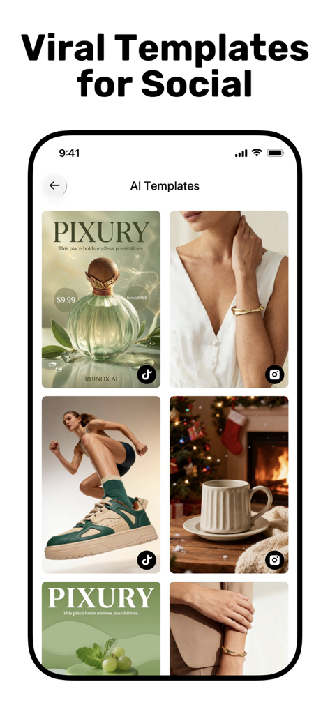 AI Product Video & Ad - Pixury - Eine Sammlung von KI-generierten Social-Media-Vorlagen für professionelles Produktmarketing und Werbung