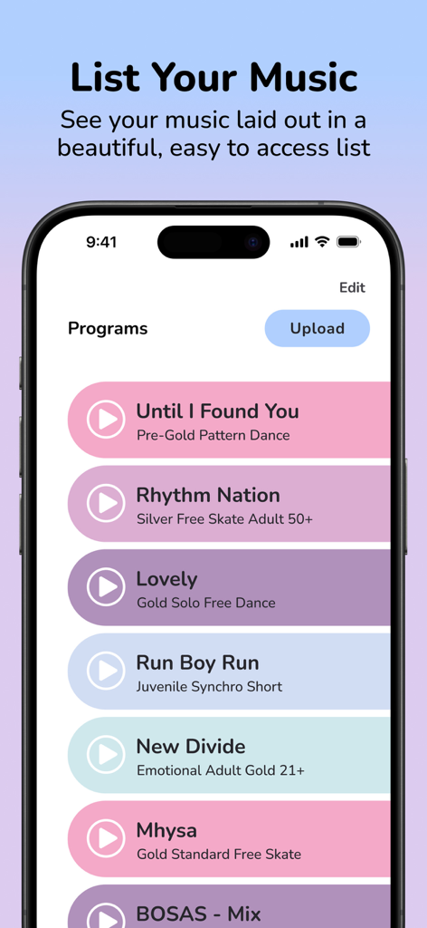 SkateLoops: MP3 Practice App - An iPhone screen displaying the SkateLoops app music list with various skating and dance program tracks