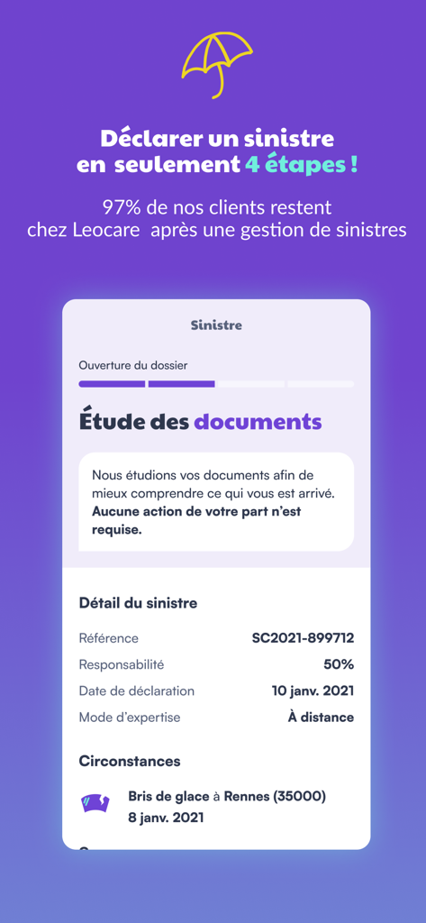 Écran de l'application d'assurance Leocare affichant la gestion des sinistres en temps réel et l'état de la révision des documents