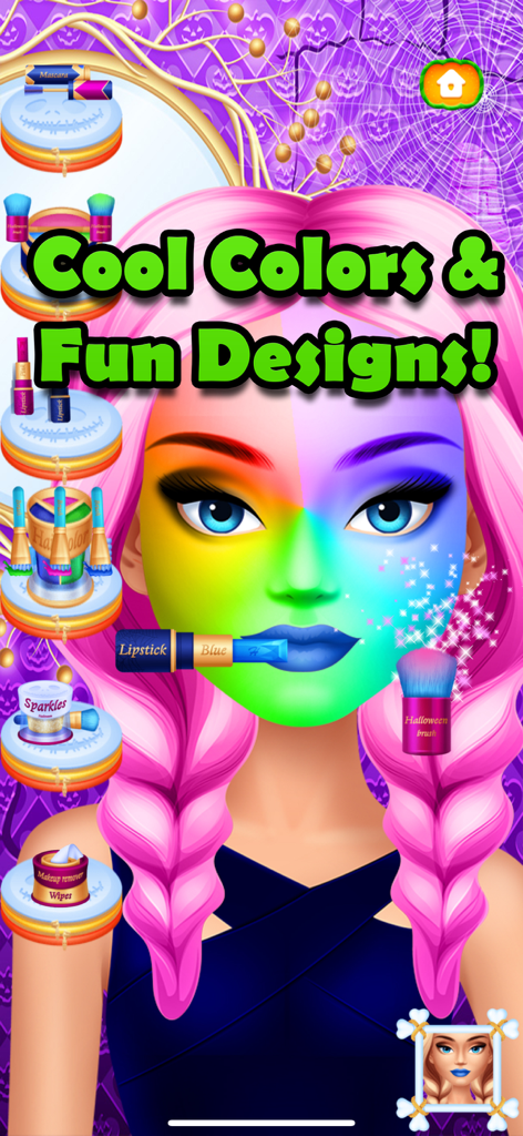 Halloween Makeover Simulator - A character with rainbow face paint and makeup tools in a Halloween salon game