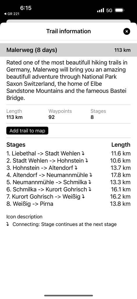 Malerweg - Germany - Malerweg app showing the 8-day hiking trail information and stages list