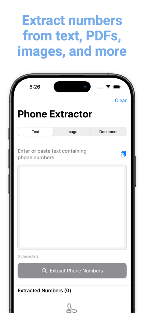 Phone Number Extractor - Mobile app interface of Phone Number Extractor showing text scanning and lead generation features.