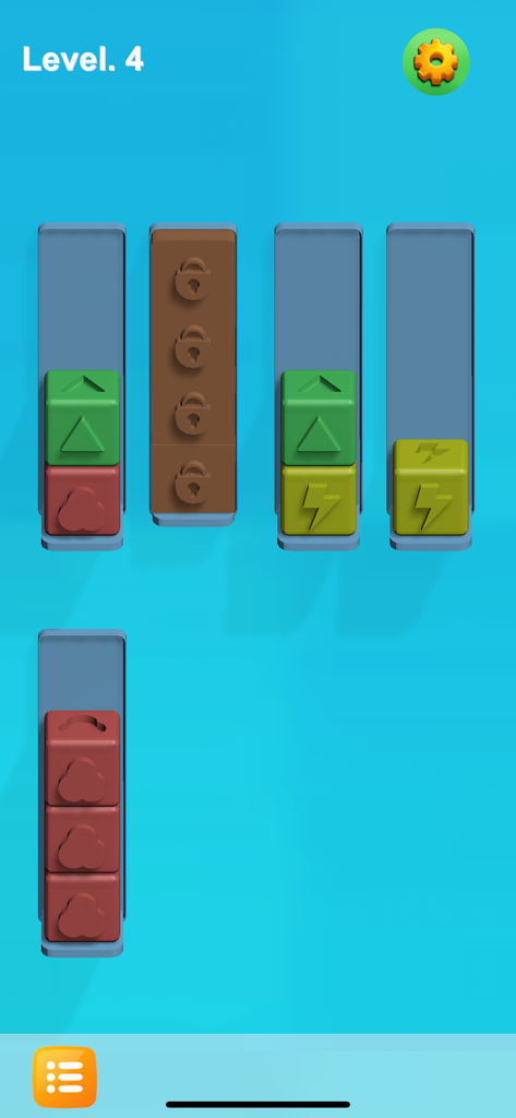 Resdnt:Box - Ein Gameplay-Bildschirm des Resdnt Box Rätselspiels, der farbige Blöcke mit Symbolen zeigt, die in vertikale Schlitze sortiert werden