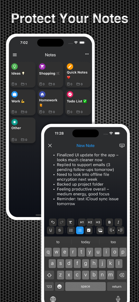 App Secret Pro - Interface do App Secret Pro mostrando notas privadas categorizadas e um editor de texto seguro.