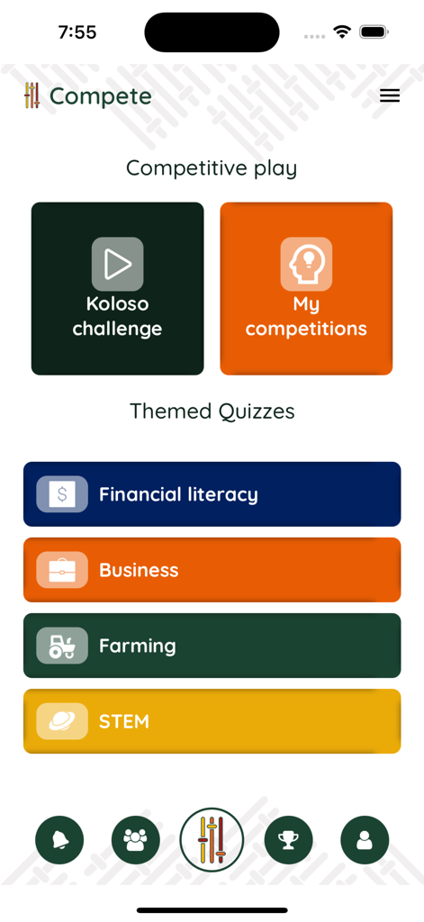 Koloso - Koloso app menu showing competitive play options and themed quizzes for STEM and business