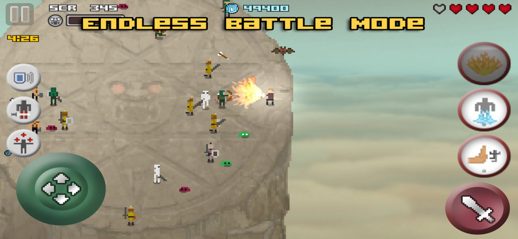 Only One - Only Oneゲームのレトロピクセルアート戦闘、円形アリーナでのエンドレスバトルモードを示す様子