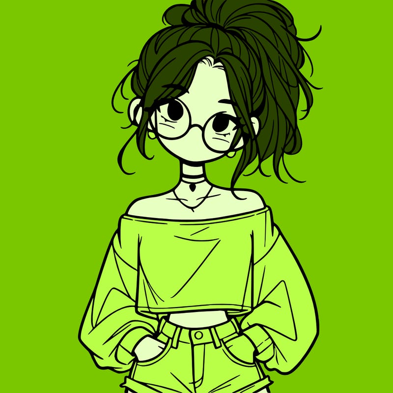 girl with a messy ponytail glasses a baggy crop top and jean shorts