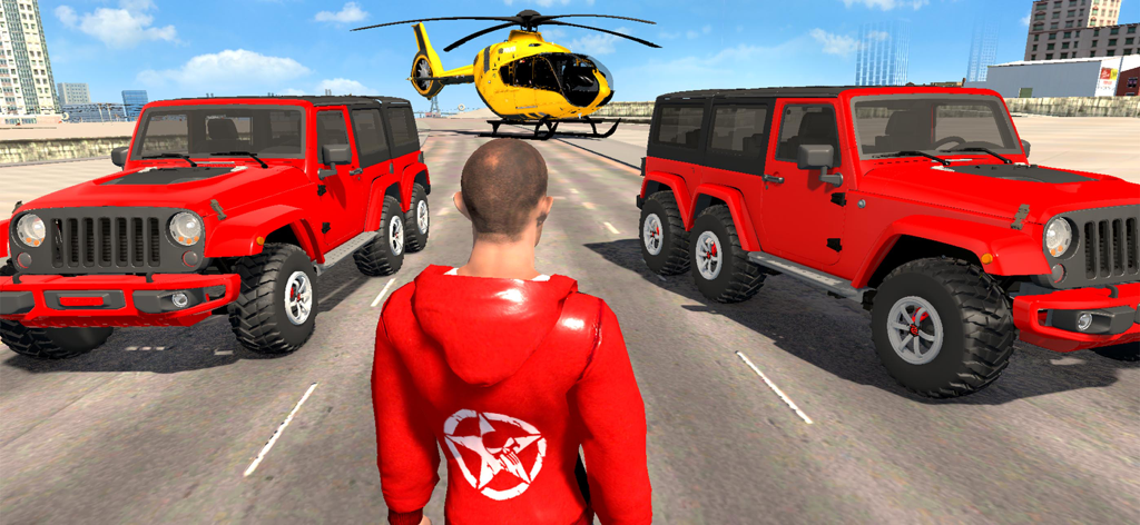 A character in a red hoodie standing between two red off road vehicles with a yellow helicopter in the background