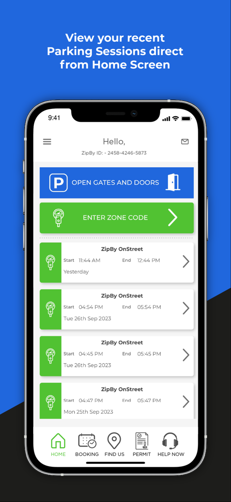 ZipBy - ZipBy mobile app home screen showing recent parking sessions and quick action buttons for opening gates and entering zone codes.