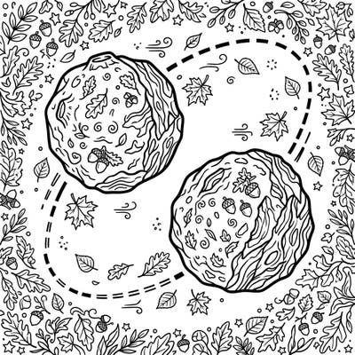 Journey into a whimsical blend of space and season with this captivating binary asteroids coloring page. Adorned with autumn leaves and acorns, it's a unique cosmic fall scene ready for your creative touch.