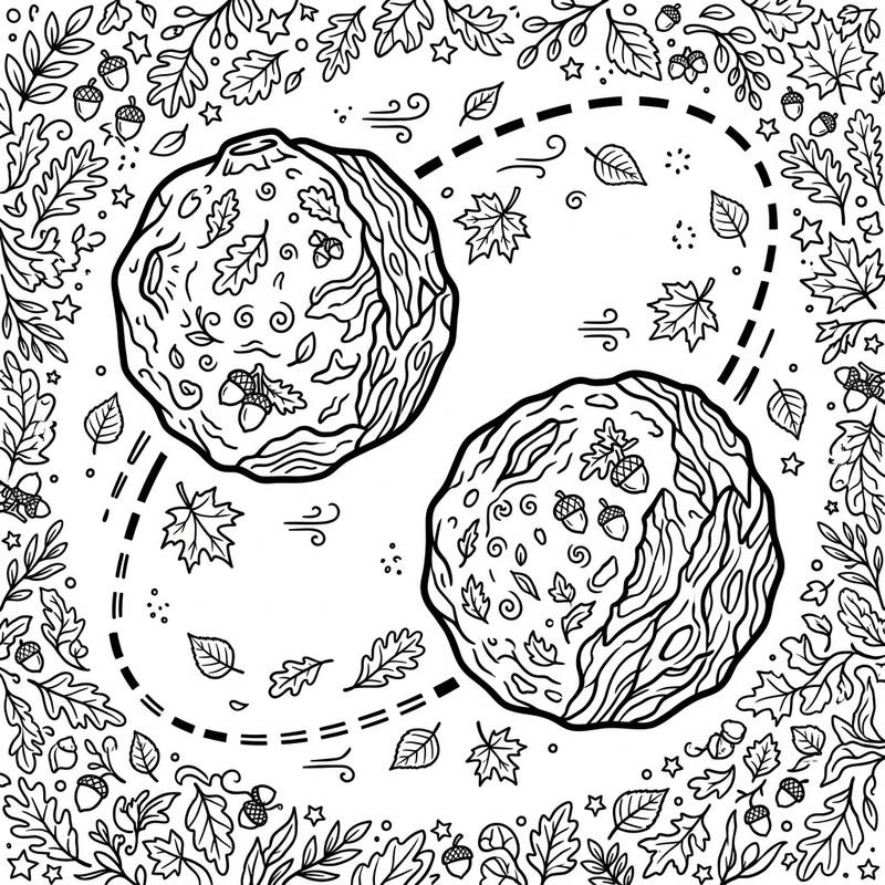 Journey into a whimsical blend of space and season with this captivating binary asteroids coloring page. Adorned with autumn leaves and acorns, it's a unique cosmic fall scene ready for your creative touch.