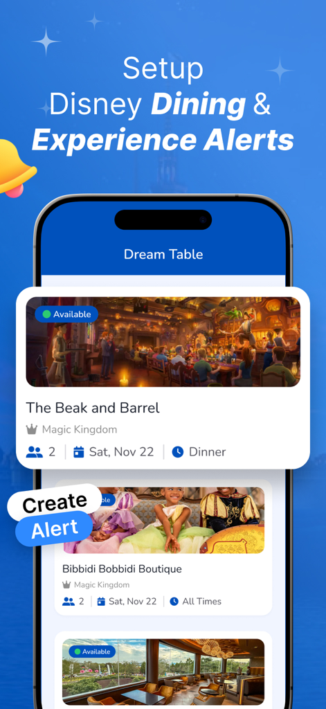 DreamTable: Mouse Watcher - Setup screen for DreamTable app showing available Disney dining and experience reservation alerts for Magic Kingdom.