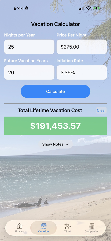 Timeshare Calculators with AI - Screenshot of the Vacation Calculator screen showing projected lifetime vacation costs based on nights per year and inflation.
