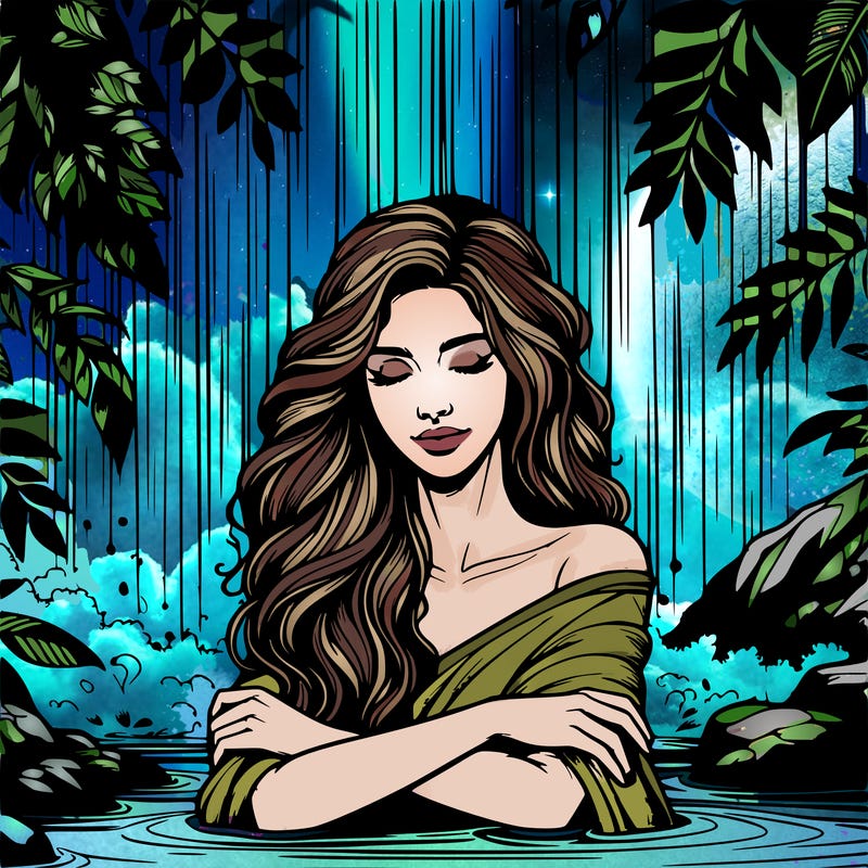 realistic female model under waterfall