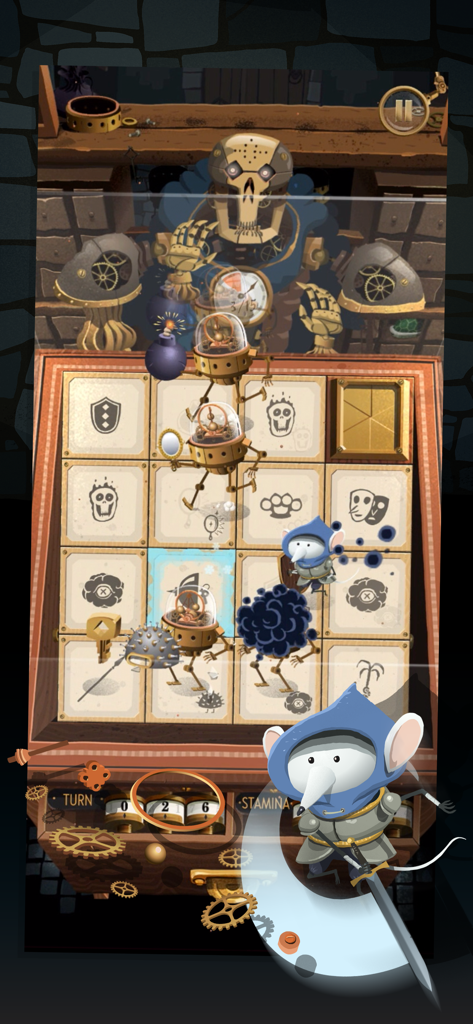 Maze Machina tactical 4x4 grid puzzle gameplay with steampunk theme