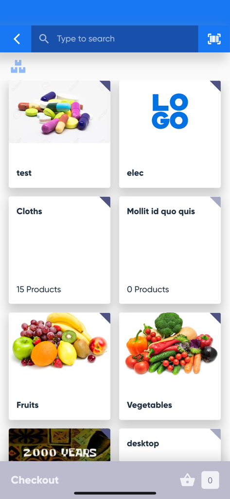 Oberfläche der Mobile-POS-App mit Produktkategorien wie Obst, Gemüse und Kleidung