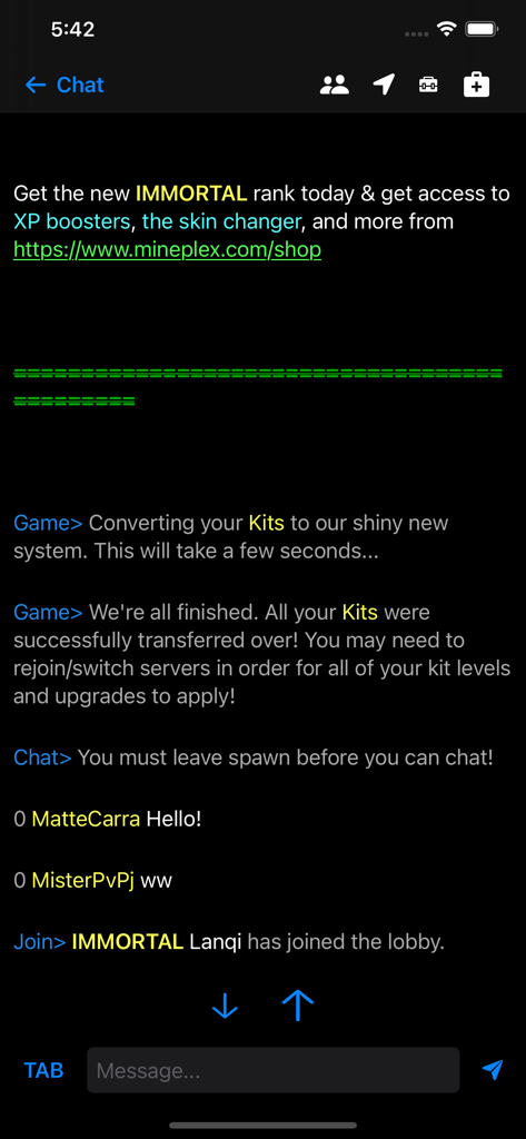 A mobile interface showing Minecraft server chat and system messages in ChatCraft Pro