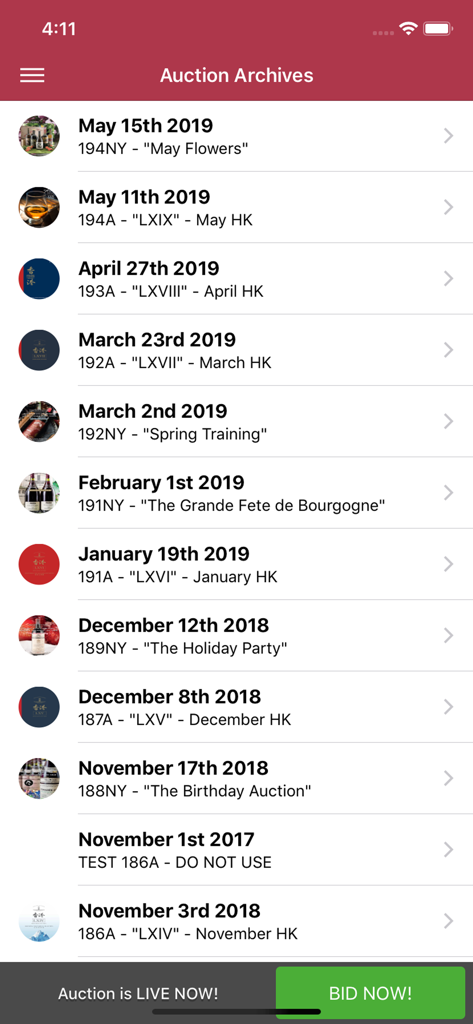 Acker Wines - Acker Wines app screen displaying a list of historical wine auctions with dates and locations.