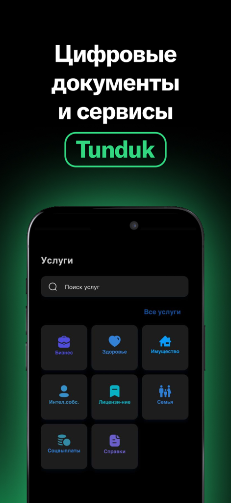 MegaPay app screen showing the Tunduk digital government services interface with categories for business, health, property, and family.