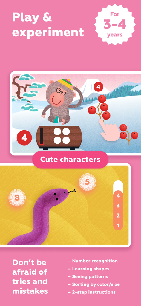 Jogos de aprendizagem de matemática precoce para crianças de 3 a 4 anos com reconhecimento de números e contagem com animais fofos.