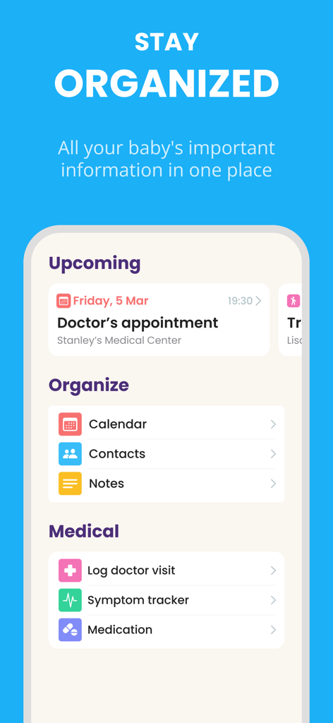 Baby Leap: Milestone Tracker - Baby Leap app interface displaying organizational tools for doctor appointments, medical records, and baby care notes.