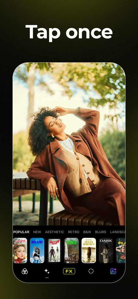 Interfaccia dell'app Visual LabX che mostra filtri fotografici estetici con un solo tocco e l'anteprima di un ritratto.