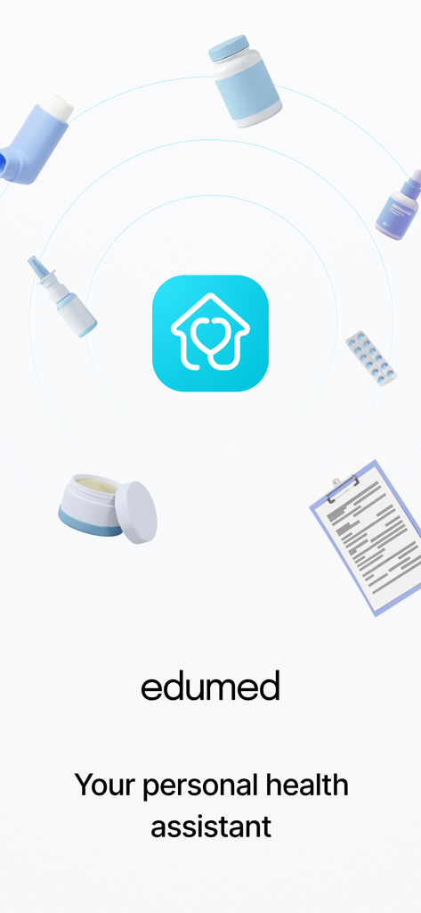 EduMed Plus - Pantalla de introducción de la aplicación EduMed Plus con el logotipo y el eslogan Tu asistente de salud personal.