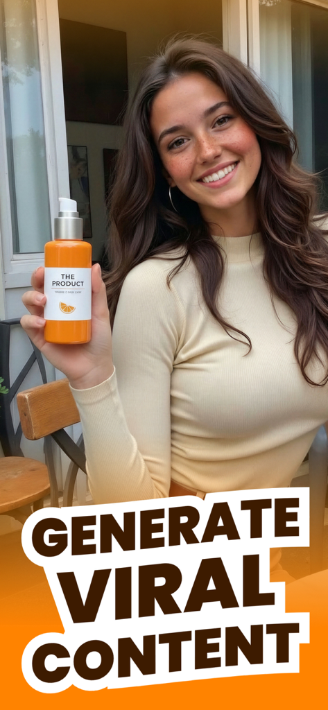 Virario: AI Video Generator - Um influenciador IA segurando um produto com o texto Gere Conteúdo Viral