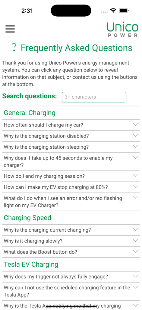 Unico Power - Frequently Asked Questions page of the Unico Power app showing support topics for general charging and Tesla vehicle charging.