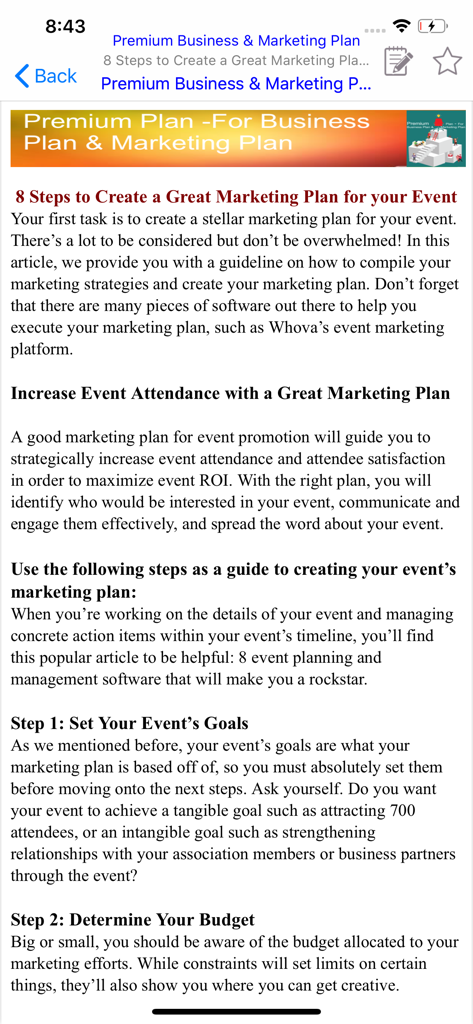 이벤트 기획을 위한 마케팅 계획 가이드를 보여주는 스마트폰 화면