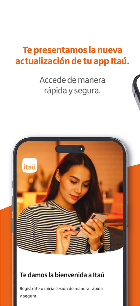 Itaú Colombia mobile app welcome screen showing a woman using a smartphone and login options