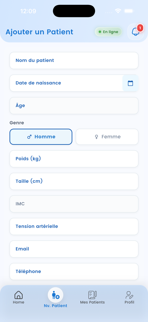 MedReport - MedReport mobile app interface showing a form to add a new patient with fields for name, date of birth, age, and vitals