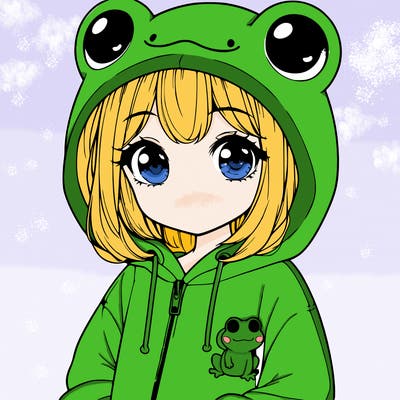 cute realistic girl in a froggy hoodie