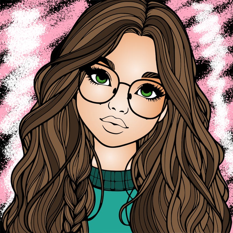 girl with long hair and freckles and glasses realistic