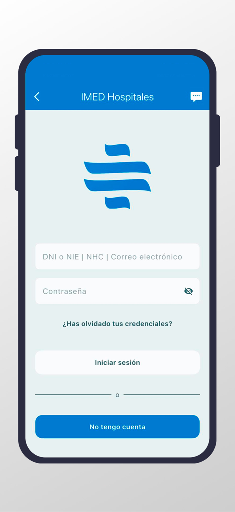 Pantalla de inicio de sesión de la aplicación móvil IMED Hospitales con campos para correo electrónico y contraseña