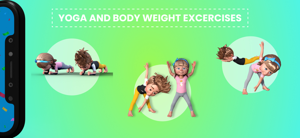 Fitness for Kids: Kids Workout - Animated children performing various yoga and bodyweight exercises.