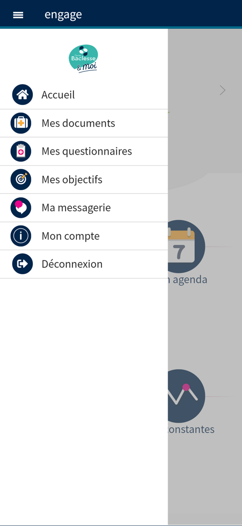 Baclesse&moi - Menu de navigation latéral de l'application du portail patient Baclesse et moi montrant les options pour les documents, les questionnaires et la messagerie.