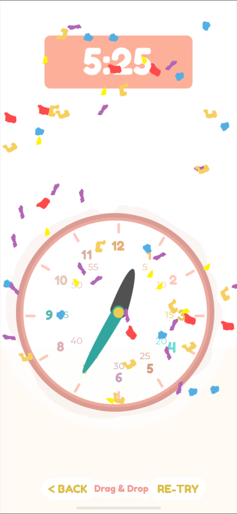 Clock For Kids : Discover Time - A colorful screen from the Clock for Kids app showing an analog clock and digital time five twenty five with celebratory confetti