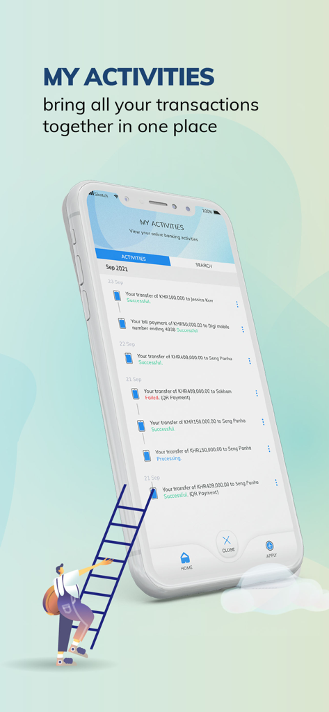 Hong Leong Connect Cambodia - Pantalla que muestra transacciones bancarias recientes y actividades en la aplicación Hong Leong Connect Cambodia.