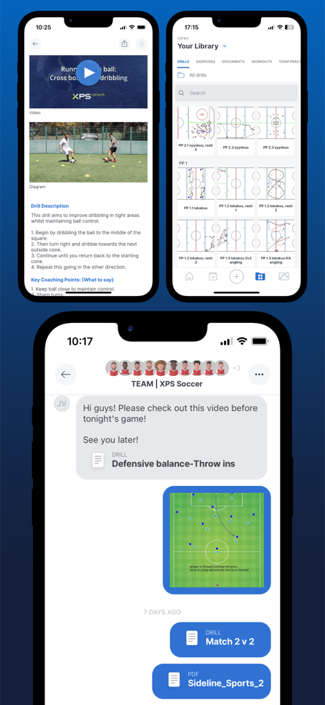 XPS Network app screens displaying a sports drill library, video tutorials, and team communication chat.