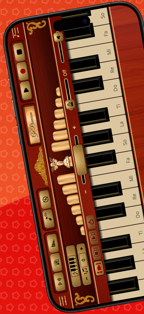 Street Organ - Mobile app interface showing a vintage street organ with a piano keyboard and wooden textures